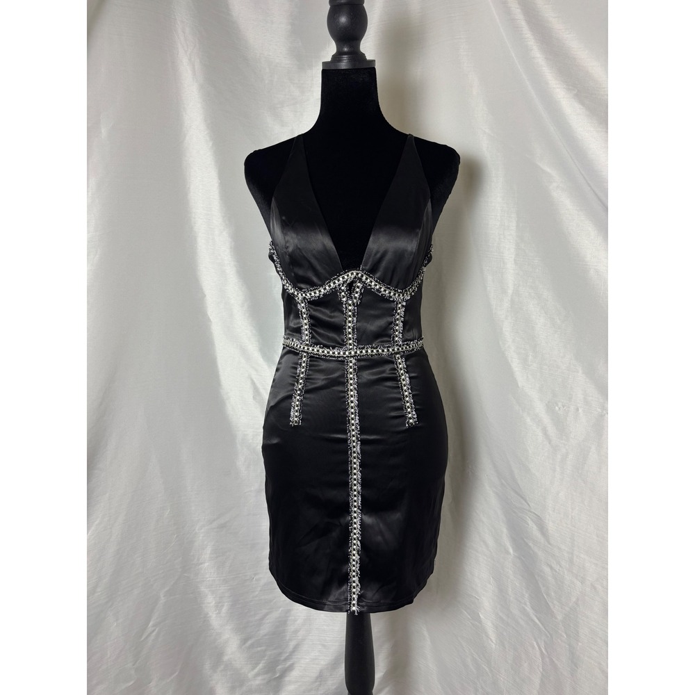 Bodycon Dress Women Small Black Baddie Satin Corset Detail